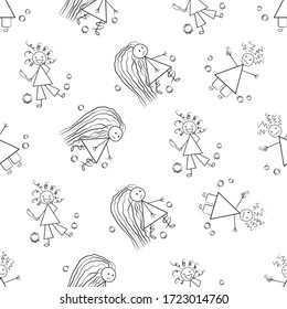 Unkempt hair Covid 19 quarantine vector seamless pattern. Humorous backdrop of childlike scribble drawings of girls with messy styles and coronavirus. Black and white isolation self care concept.
