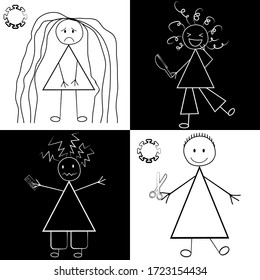 Unkempt hair Covid 19 quarantine vector seamless pattern. Scribble drawings of girls with messy styles and coronavirus motif backdrop. Humorous monochrome block style isolation self care concept.