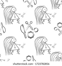 Unkempt hair Covid 19 quarantine vector seamless pattern. Funny infographic coronavirus backdrop.Tangled woman chases scissors. Scribbled sketch. All over print for isolation self care concept.