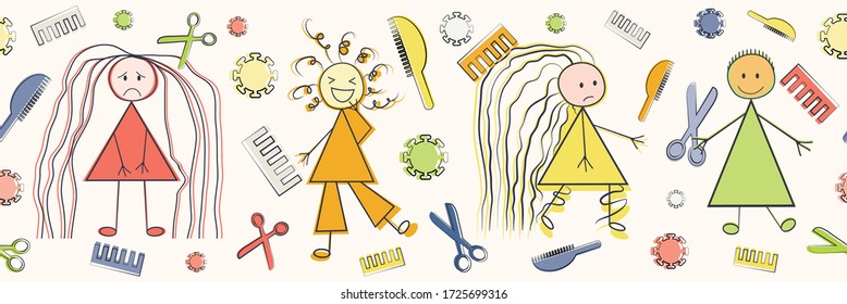 Unkempt hair vector seamless border. Funny infographic Covid 19 quarantine multicolor banner sketch with stick girl, scissors brush, coronavirus motif. For isolation self care concept ribbon, tape