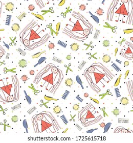 Unkempt hair vector seamless pattern background. Funny infographic Covid 19 quarantine white backdrop sketch with stick girl, scissors brush. Multicolor all over print for isolation self care concept.