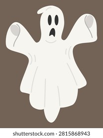 An unkind ghost is flying towards you. Hand drawn vector flat. A scary spirit. Spooky soul of the dead. Halloween. Mystical phantom. Autumn holiday. Color illustration.