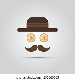 unknown avatar hipster a man in a hat with a mustache and coins for eyes