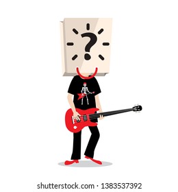 Unknown Bass Guitar Player with Question Mark on Paper Box on Head. Incognito Famous Person Vector Symbol.