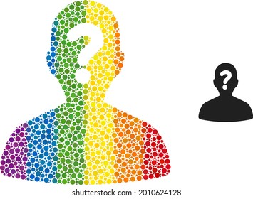 Unknown body collage icon of circle elements in various sizes and spectrum color tinges. A dotted LGBT-colored unknown body for lesbians, gays, bisexuals, and transgenders.