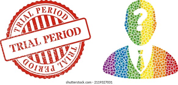 Unknown boss composition icon of round dots in various sizes and rainbow colored color tints. Red round textured watermark with Trial Period text. A dotted LGBT- colored unknown boss for lesbians,
