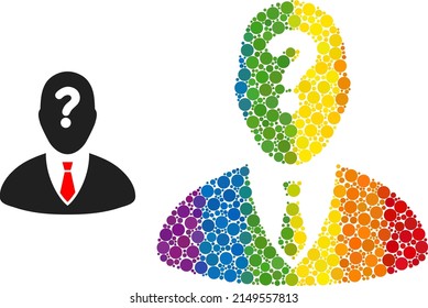 Unknown boss composition icon of spheric blots in various sizes and rainbow color tints. A dotted LGBT-colored unknown boss for lesbians, gays, bisexuals, and transgenders.