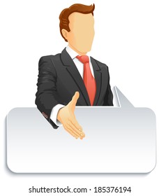 Unknown businessman holds out his hand for a deal. Anonymous businessman gives a hand for a handshake. Vector illustration.