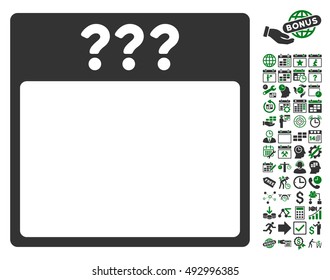 Unknown Calendar Date icon with bonus calendar and time management pictures. Vector illustration style is flat iconic bicolor symbols, green and gray colors, white background.