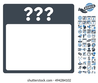 Unknown Calendar Date icon with bonus calendar and time management clip art. Vector illustration style is flat iconic bicolor symbols, smooth blue colors, white background.
