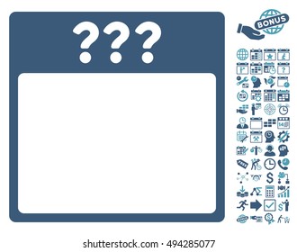 Unknown Calendar Date icon with bonus calendar and time management pictogram. Vector illustration style is flat iconic bicolor symbols, cyan and blue colors, white background.