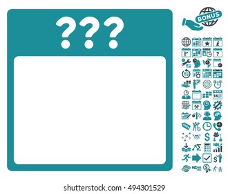 Unknown Calendar Date icon with bonus calendar and time management pictogram. Vector illustration style is flat iconic bicolor symbols, soft blue colors, white background.