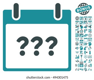 Unknown Calendar Day icon with bonus calendar and time management symbols. Vector illustration style is flat iconic bicolor symbols, soft blue colors, white background.