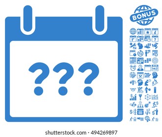 Unknown Calendar Day pictograph with bonus calendar and time management symbols. Vector illustration style is flat iconic symbols, cobalt color, white background.
