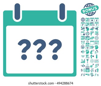 Unknown Calendar Day pictograph with bonus calendar and time management clip art. Vector illustration style is flat iconic bicolor symbols, cobalt and cyan colors, white background.