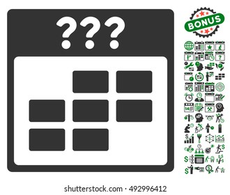 Unknown Calendar Month icon with bonus calendar and time management symbols. Vector illustration style is flat iconic bicolor symbols, green and gray colors, white background.
