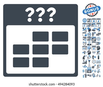 Unknown Calendar Month icon with bonus calendar and time management pictograph collection. Vector illustration style is flat iconic bicolor symbols, smooth blue colors, white background.