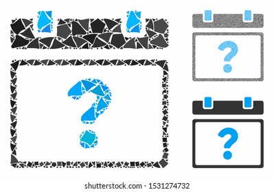 Unknown calendar page composition of ragged items in various sizes and color tinges, based on unknown calendar page icon. Vector ragged dots are grouped into collage.