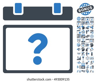 Unknown Calendar Page icon with bonus calendar and time management pictures. Vector illustration style is flat iconic bicolor symbols, smooth blue colors, white background.