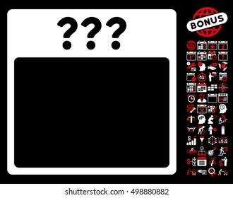 Unknown Calendar Page icon with bonus calendar and time management design elements. Vector illustration style is flat iconic symbols, red and white, black background.