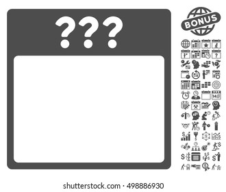 Unknown Calendar Page icon with bonus calendar and time management graphic icons. Vector illustration style is flat iconic symbols, gray, white background.