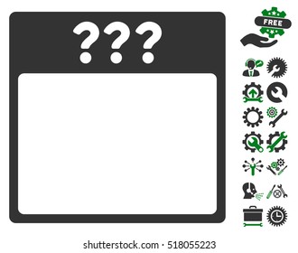 Unknown Calendar Page icon with bonus configuration design elements. Vector illustration style is flat iconic symbols, green and gray, white background.