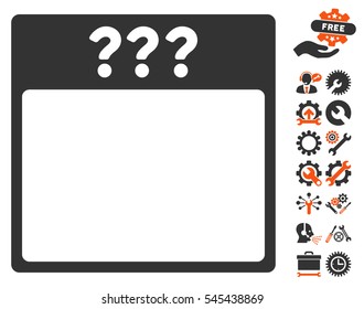 Unknown Calendar Page icon with bonus options graphic icons. Vector illustration style is flat iconic symbols, orange and gray, white background.