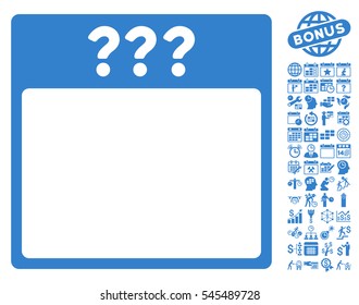 Unknown Calendar Page icon with bonus calendar and time management pictures. Vector illustration style is flat iconic symbols, cobalt, white background.
