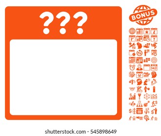 Unknown Calendar Page icon with bonus calendar and time management graphic icons. Vector illustration style is flat iconic symbols, orange, white background.