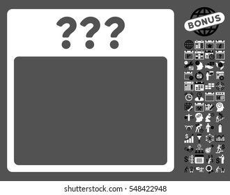 Unknown Calendar Page icon with bonus calendar and time management pictograms. Vector illustration style is flat iconic symbols, black and white, gray background.
