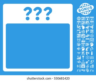 Unknown Calendar Page icon with bonus calendar and time management images. Vector illustration style is flat iconic symbols, white, blue background.