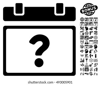 Unknown Calendar Page pictograph with bonus calendar and time management graphic icons. Vector illustration style is flat iconic symbols, black color, white background.