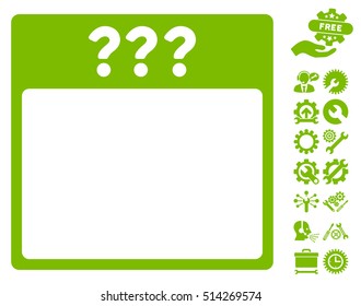 Unknown Calendar Page pictograph with bonus settings icon set. Vector illustration style is flat iconic symbols, eco green, white background.