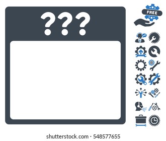 Unknown Calendar Page pictograph with bonus setup tools icon set. Vector illustration style is flat iconic symbols, smooth blue, white background.
