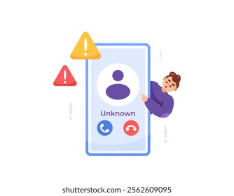 unknown call concept. warning to be careful with calls from unknown numbers. danger and be careful with fraud via telephone. scam and spam. illustration of a man getting an unknown call. flat style