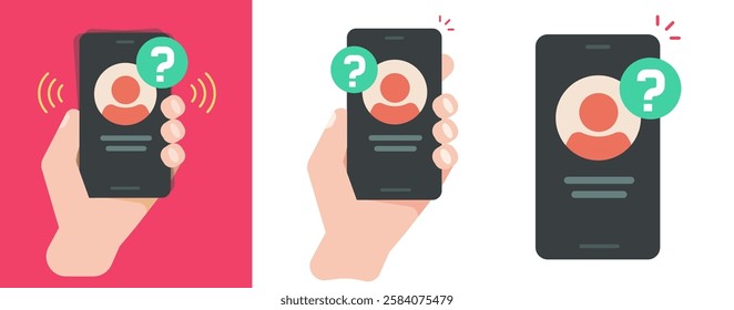 Unknown caller calling on mobile cell phone icon vector graphic illustration, incoming fake scam anonymous smartphone ringing, cellphone with who calling question on screen image clip art 