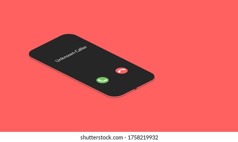 Unknown caller. Isometric smartphone with an unidentified anonymous person on a red background. Green and red call answering icon