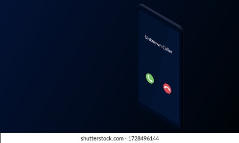 Unknown caller. Isometric vector illustration. Realistic dark smartphone. 3d model on a blue background. Phone interface with two icons accept or reject a call