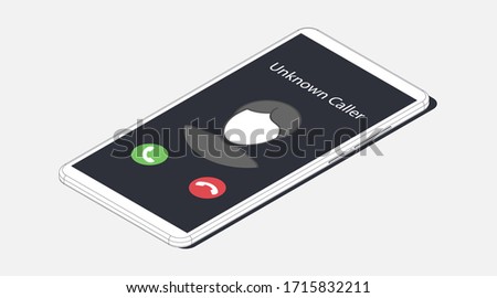 Unknown caller. Isometric vector illustration. Realistic white outline smartphone. 3d model isolated on a gray background. Phone interface with two icons accept or reject a call