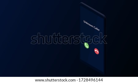 Unknown caller. Isometric vector illustration. Realistic dark smartphone. 3d model on a blue background. Phone interface with two icons accept or reject a call