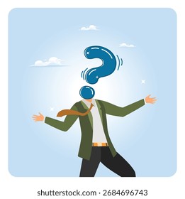 Unknown concept. Who is this man. Anonymous businessman with question mark head unknown person. Symbolizing candidate or mention employee.