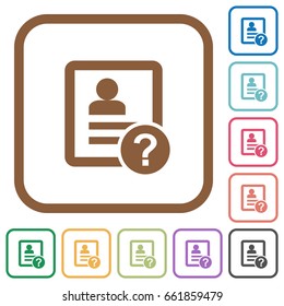 Unknown contact simple icons in color rounded square frames on white background