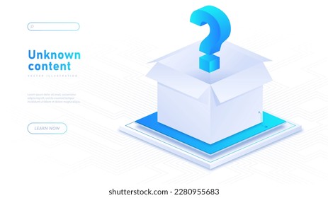 Unknown content white banner. Box with big question mark. Secret and surprise. Files and online information. Poster for landing page design. Cartoon isometric vector illustration