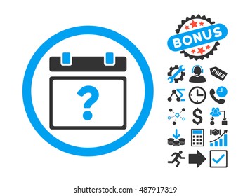 Unknown Date icon with bonus clip art. Vector illustration style is flat iconic bicolor symbols, blue and gray colors, white background.