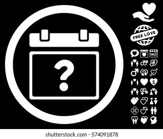 Unknown Date icon with bonus decoration symbols. Vector illustration style is flat rounded iconic white symbols on black background.