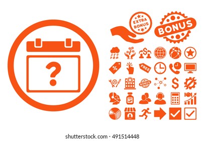 Unknown Date icon with bonus images. Vector illustration style is flat iconic symbols, orange color, white background.