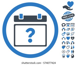 Unknown Date icon with bonus valentine images. Vector illustration style is flat rounded iconic smooth blue symbols on white background.