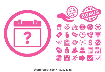 Unknown Date pictograph with bonus design elements. Vector illustration style is flat iconic symbols, pink color, white background.