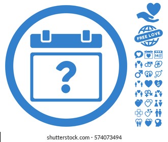 Unknown Date pictograph with bonus love images. Vector illustration style is flat rounded iconic cobalt symbols on white background.