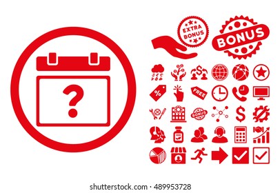 Unknown Date pictograph with bonus pictures. Vector illustration style is flat iconic symbols, red color, white background.